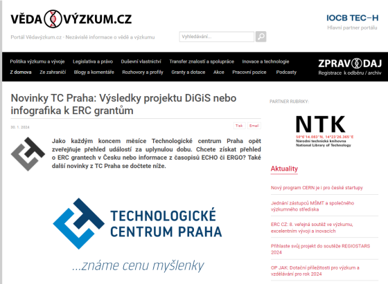 Novinky TC Praha: Výsledky projektu DiGiS nebo infografika k ERC grantům