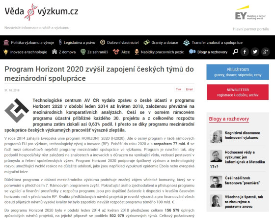 Program Horizont 2020 zvýšil zapojení českých týmů do mezinárodní spolupráce