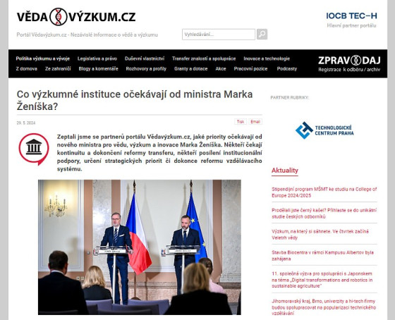 Co výzkumné instituce očekávají od ministra Marka Ženíška?