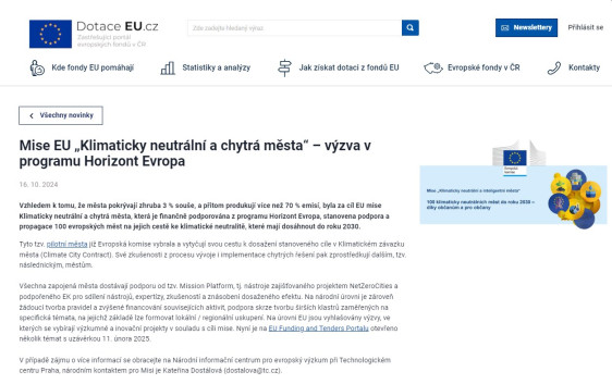 Mise EU „Klimaticky neutrální a chytrá města“ – výzva v programu Horizont Evropa