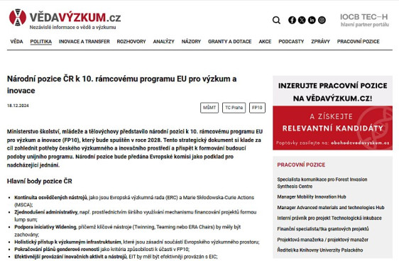 Národní pozice ČR k 10. rámcovému programu EU pro výzkum a inovace