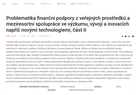 Problematika finanční podpory z veřejných prostředků a meziresortní spolupráce ve výzkumu, vývoji a inovacích napříč novými technologiemi, část II