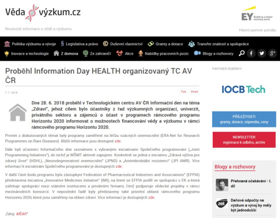Proběhl Information Day HEALTH organizovaný TC AV ČR