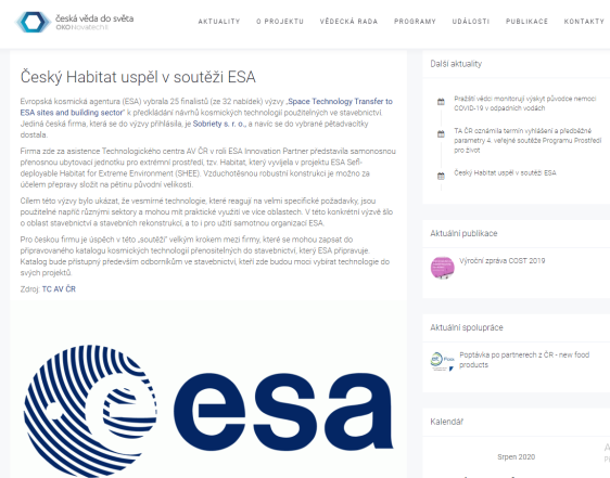 Český Habitat uspěl v soutěži ESA